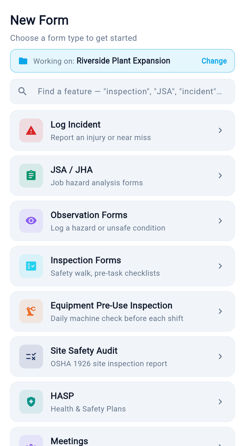 The New Form menu: log incident, JSA, observations, inspections, equipment pre-use, site safety audit, HASP and meetings